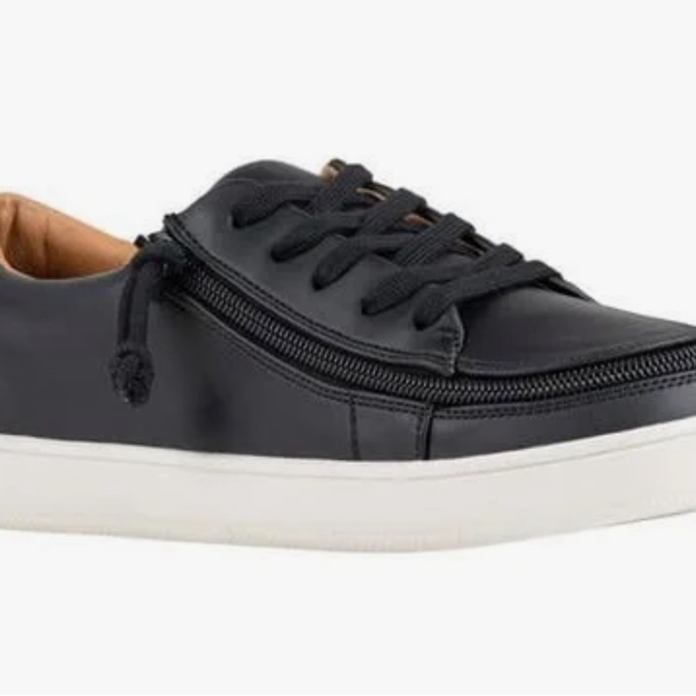 Billie adaptive black leather lace sneaker with zippers.  Comfortable,  easy on